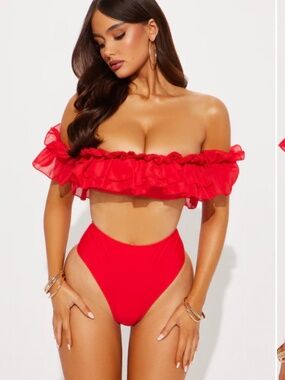 New🌺Adora Off Shoulder Ruffle 2 Piece Bikini - Red